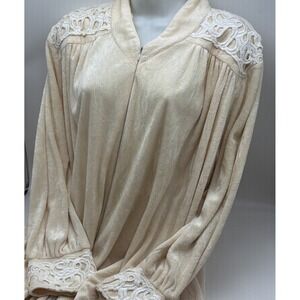 VTG Diamond Tea Womens Long Velvet Robe L PEACH Cream House Coat Dress Full Zip